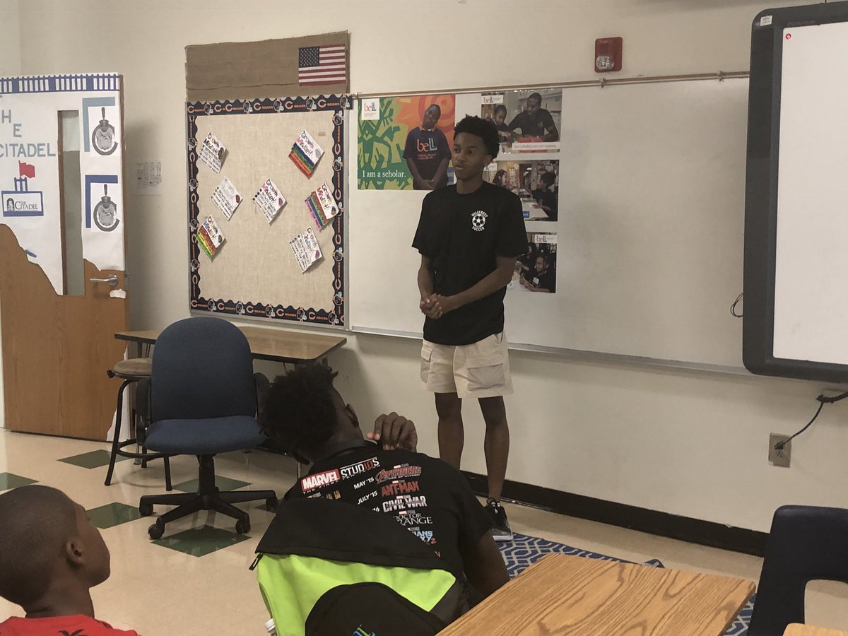 CarlaWpe's tweet photo. Thanks Hillcrest High Varsity Soccer member Ty Simpson for coming to speak to Tanglewood Middle’s Bell summer program students! Great advice about academics, hardwork, team work, leadership, and respect! @hillcrest_coach #bellprogram #gcs https://t.co/zOaMume794