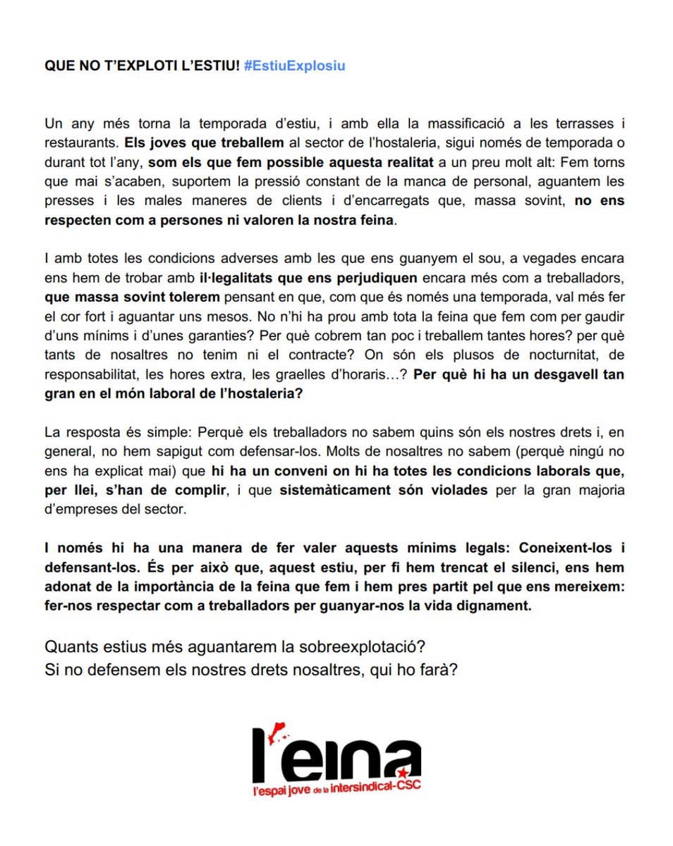 EinaCG's tweet photo. 👉 Ara és el moment!
🍴 Jovent, organitzem-nos i combatem junts l'explotació que patim en el sector de la hosteleria
⚠️ QUE NO T'EXPLOTI L'ESTIU! ⚠️
#EstiuExplosiu https://t.co/LasDRqoIG4