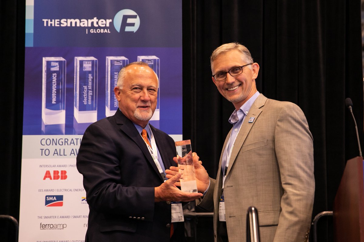 DynapowerEnergy's tweet image. Dynapower&apos;s Chris Larsen accepts the EES Innovation Award @Intersolar for our #DCconverters for #utilityscale #solarplusstorage. These ground breaking DC converters not only reduce the costs of coupling #energystorage with solar they help installations produce more clean energy!