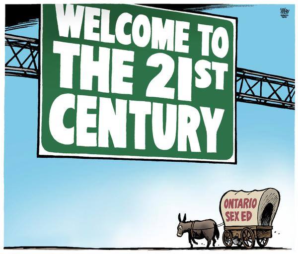 CarliFink's tweet photo. Disappointed and frustrated in #ONpoli for sending this horse back to a world without internet culture and a Canada without legalized same-sex marriage. Newspaper cartoon saved from the 2015 curriculum reveal. #itsnot1998 #SaveSexEd @LisaThompsonMPP https://t.co/3CbZ08rPqW