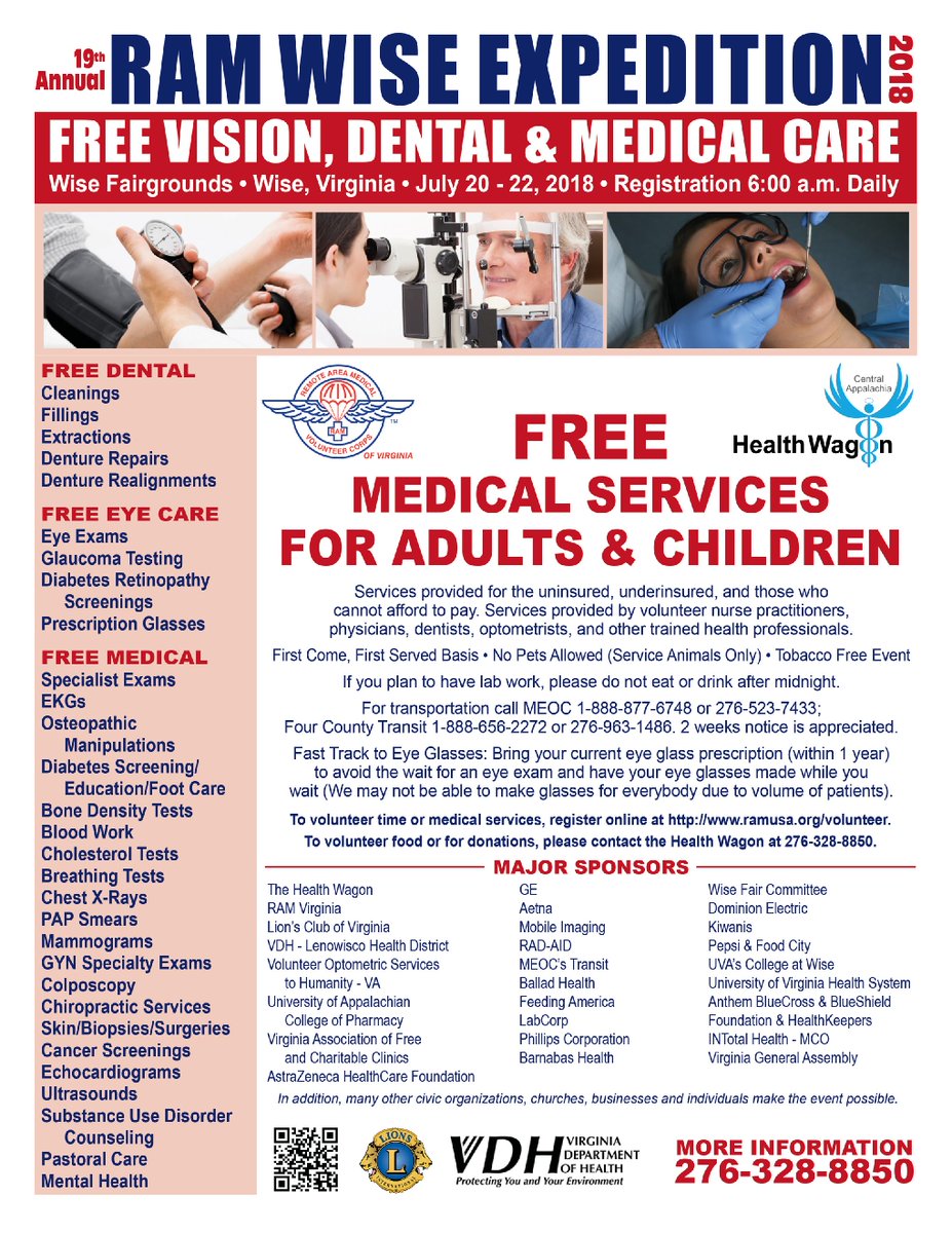 Health_Wagon's tweet photo. 19th Annual Remote Area Medical Wise event is scheduled for July 20-22, 2018 at the Wise County Fairgrounds. FREE Medical, Dental, and Vision services will be offered first come first serve. https://t.co/NWj0ACdaMy