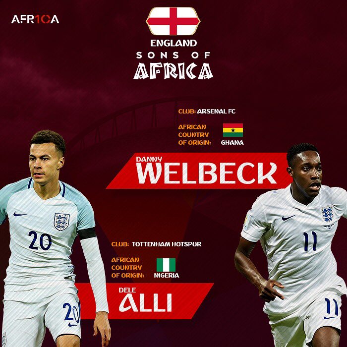 A10 Sons Of Afrca(SOA) 
England 🏴󠁧󠁢󠁥󠁮󠁧󠁿 
Danny Welbeck 🇬🇭
Dele Alli 🇳🇬
.
Is Football finally coming home to #England? 
Who gets the #WordCup Final ticket to face France 🇫🇷?
RT for #ENG Like for #CRO
#CROENG 
#CROvENG 
#Africa10 - One Tribe 🔥