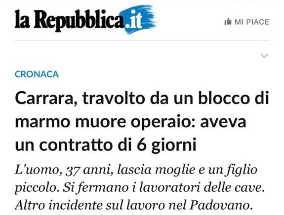 Ancora un operaio morto sul lavoro. Questa volta è Luca Savio, 37 anni, che aveva un contratto di 6 giorni x lavorare in una cava a #Carrara ucciso da una lastra di marmo. Fermiamo questa #strage
 #primaglisfruttati  
#mortisullavoro