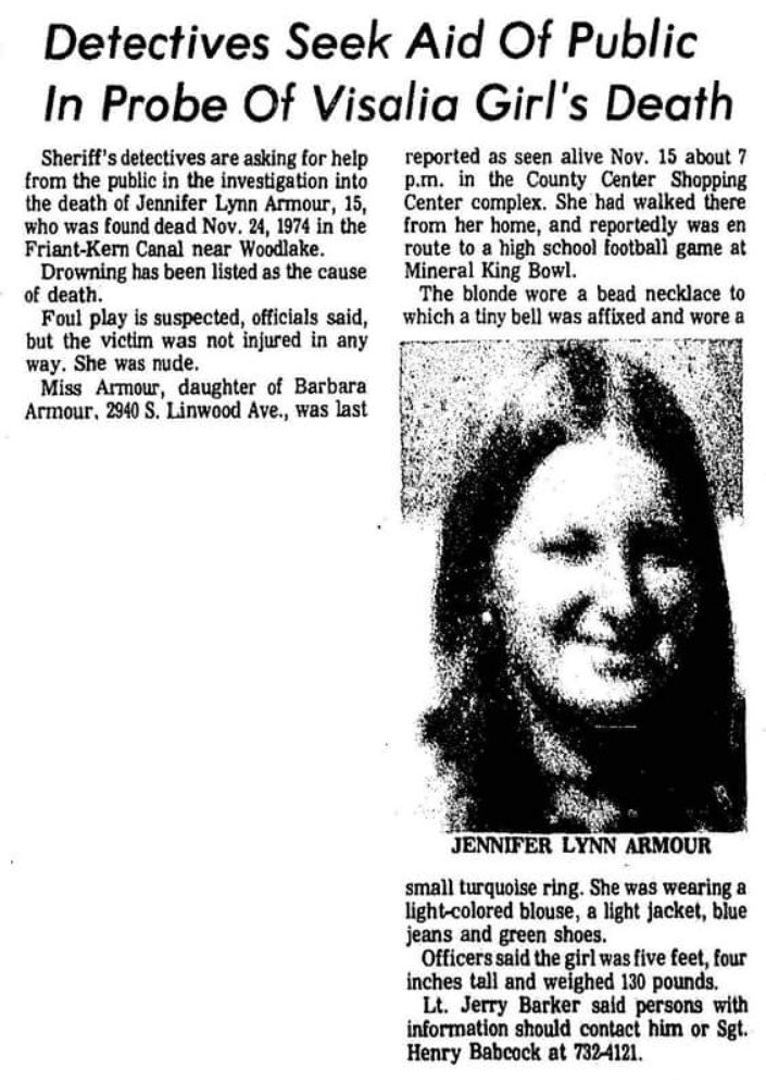ShelbyCrompton's tweet image. Jennifer Armour 🙏 murdered &amp;amp; her body was dumped in Friant Kern Canal Nov ‘74 abducted from #Visalia . Irrigation canal runs 152 miles thru Fresno,Tulare &amp;amp; Kern counties. F K canal running parallel to HWY 65 thru small town Exeter #ExeterCa #VisaliaRansacker #TulareCo #ColdCase