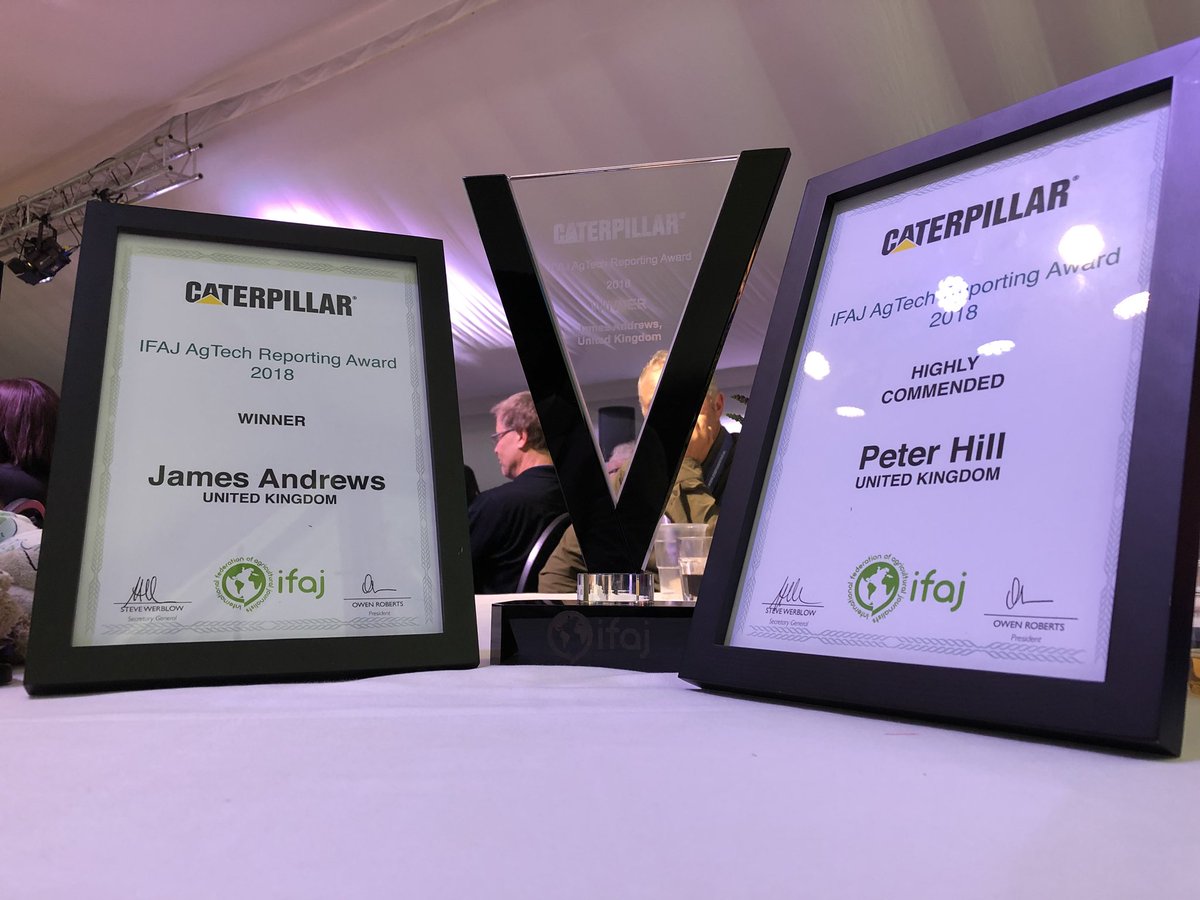 Huge congratulations to <a href="/JamesAndrewsFW/">James Andrews</a> for winning <a href="/IFAJ/">ifaj.org</a> <a href="/CaterpillarInc/">CaterpillarInc</a> AgtechReporting Award and to <a href="/Machinewriter/">Peter Hill</a> for his Highly Commended award in the same category <a href="/GAJinfo/">British Guild of Agricultural Journalists</a> #cleansweep #durchroots #IFAJ2018