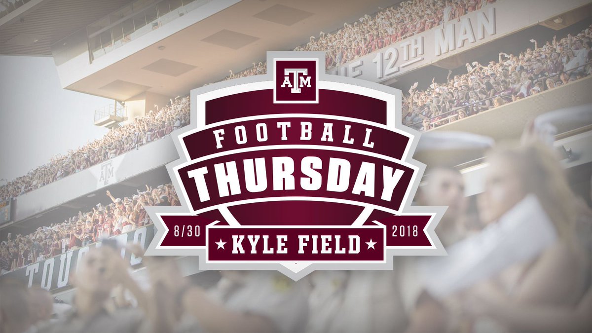 badge reading "Football Thursday, 8/30 2018, Kyle Field" on a photo of the student section at Kyle Field