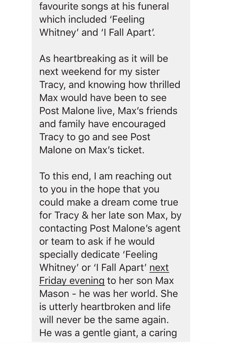 daragh_kelly's tweet image. @PostMalone if you could please dedicate a song to my friend Max Mason this Friday, that would be great.
Thank you