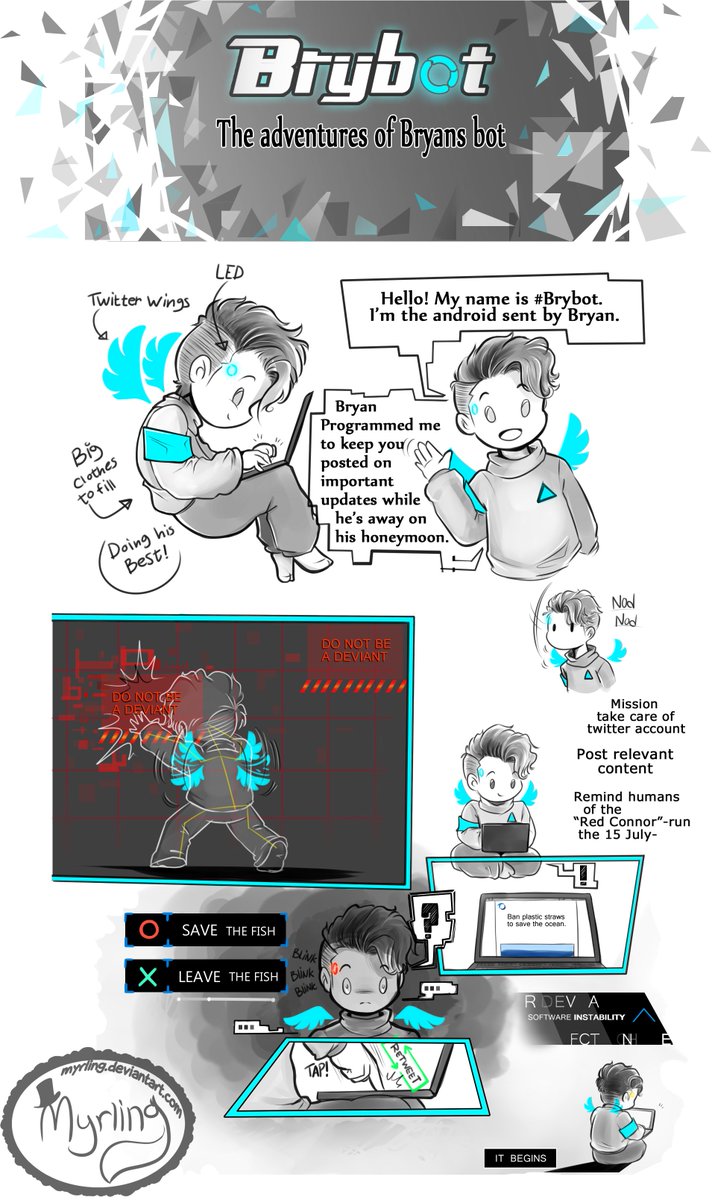 Sorokaste's tweet image. So @BryanDechart is on his honeymoon and has left a bot in charge of his Twitter account. 

Its name is #BryBot. And we love him. ❤️
...despite him seemingly starting to show signs of deviancy.
#DetroitBecomeHuman #FanArt