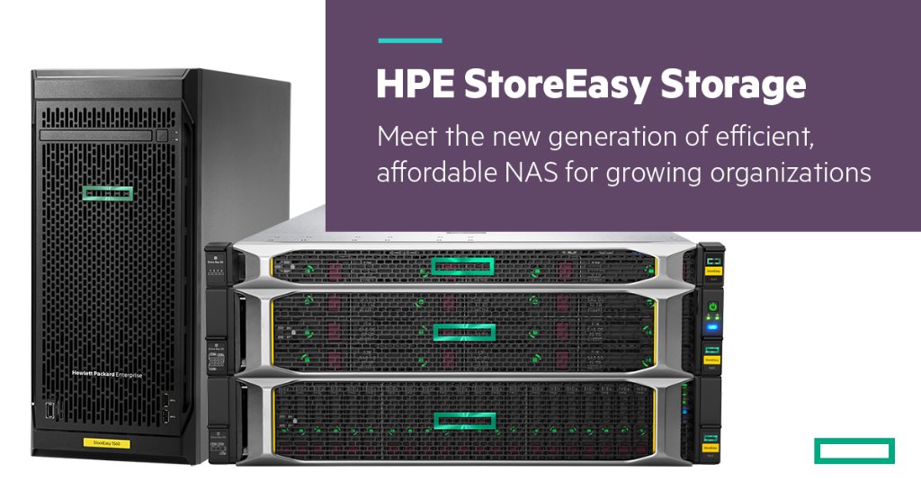 HPE_Storage's tweet photo. New HPE #StoreEasy #NAS models offer: new management experience, lower cost expansion, more security capabilities, 2x the performance of the previous generation https://t.co/AP7UaQ4Efx https://t.co/woz0iIxNg6