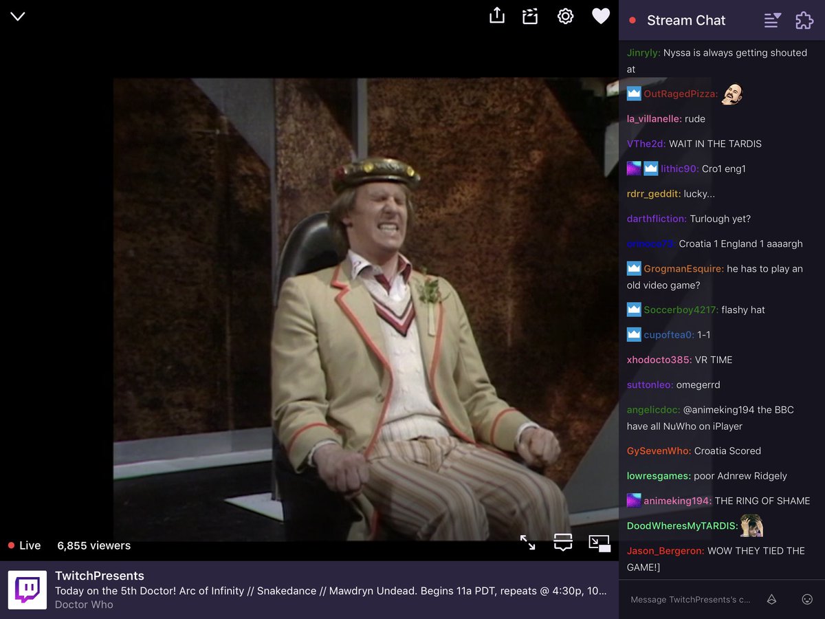 WhoHats's tweet image. Looks like Peter just heard the score. 1-1...

#ArcOfInfinity on #DoctorWhoOnTwitch reactions. #DoctorWho #ENGCRO #ItsComingHome #ComeOnEngland⁠ ⁠#England #WorldCup⁠ ⁠⁠ ⁠⁠