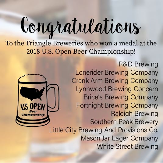 Check out the Triangle breweries that won a medal at the 2018 U.S. Open Beer Championship!

<a href="/Lonerider/">LoneRider</a>, <a href="/RaleighBrewing/">Raleigh Brewing Co.</a>, <a href="/CrankArmBrew/">Crank Arm Brewing</a> , @BrewingLynnwood , <a href="/bricesbrewing/">Brice's Brewing Co.</a> , <a href="/FortnightBeer/">Fortnight Brewing</a> , <a href="/SPBrewery/">SouthernPeakBrewery</a> , <a href="/LittleCityRal/">Little City Brewing</a> , <a href="/MJLagerCo/">Mason Jar Lager Co</a> and <a href="/WhiteStreetBrew/">White Street Brewing</a> 
#trianglebeer