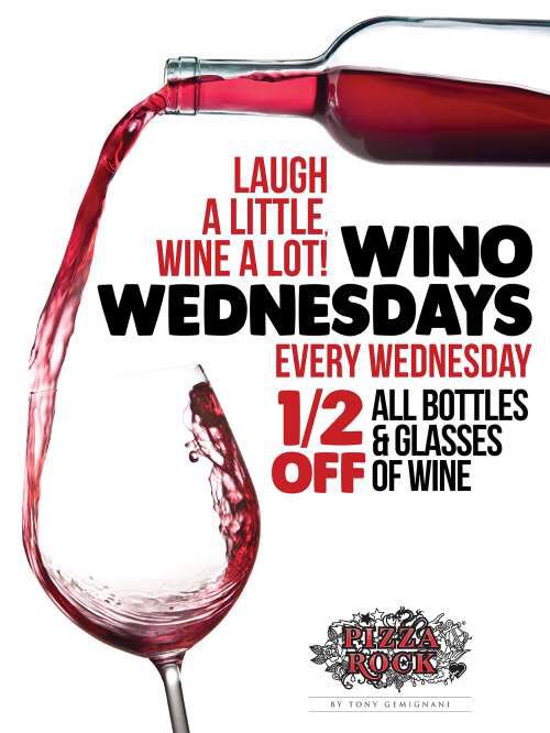 PizzaRockGVR's tweet photo. Calling all Winos! All bottles & glasses of wine are 1/2 off today & every Wednesday at Pizza Rock! π·π #WinoWednesdays https://t.co/SYseDm5q2b
