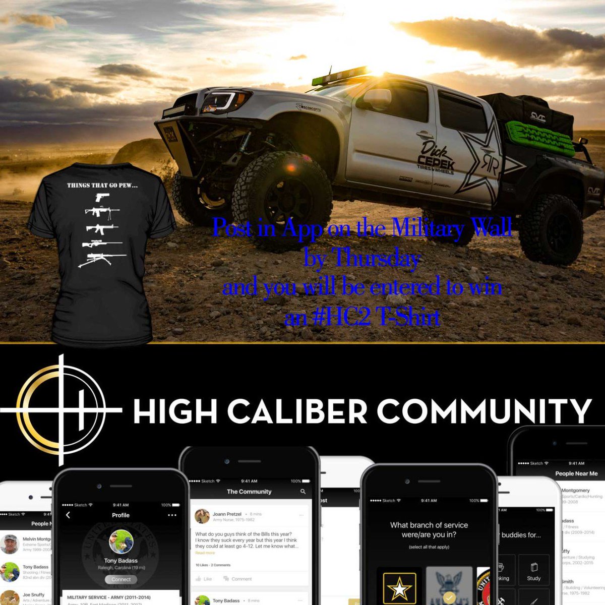HiCalCom's tweet photo. HC2 T-Shirt Giveaway!
Post on the Military Wall of the High Caliber COmmunity App by Thursday and you will be entered to win an HC2 T-Shirt.
Winner will be selected Friday!
Not in App? Download it here https://t.co/2gCnYvLmpa
#merch #swag #giveaway #hc2 https://t.co/3YOxHhJB1z
