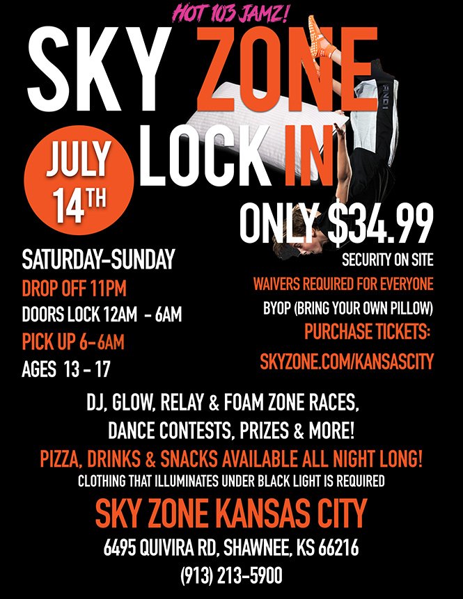 Attention parents: Don’t miss the Sky Zone Lock In July 14th, Saturday-Sunday. Drop off starts at 11PM. There will be pizza, drinks &amp; snacks all night long! bit.ly/skyzone-lockin