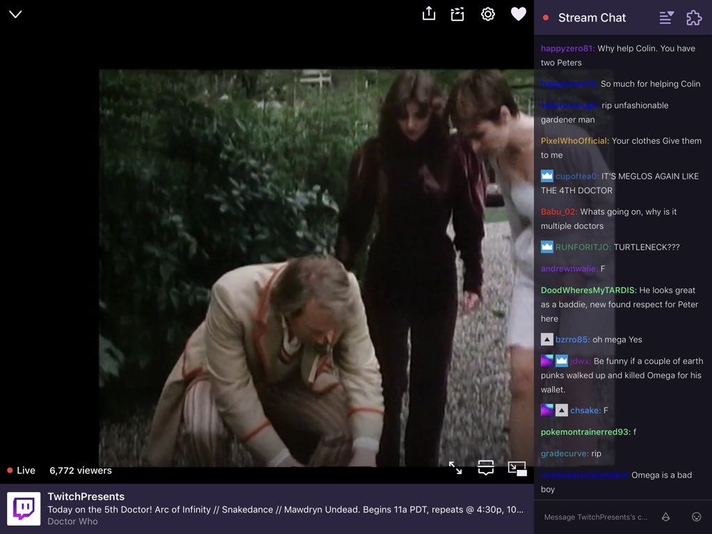 WhoHats's tweet image. Chat are liking Davison Omega.

#ArcOfInfinity on #DoctorWhoOnTwitch reactions. #DoctorWho #ENGCRO #ItsComingHome #ComeOnEngland⁠ ⁠⁠ ⁠#England #WorldCup⁠ ⁠⁠ ⁠⁠ ⁠⁠