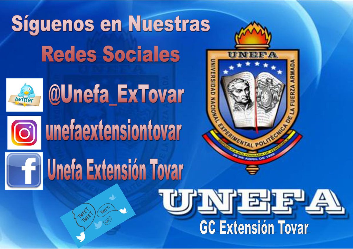 Unefa_ExTovar's tweet photo. Te invitamos a seguirnos en nuestras Redes Sociales:
@unefa_ve 
@Neriogalban1 
@VrrAndes 
@Unefa_ExTovar 
@Coord_ExTovar 
@ilemorenom https://t.co/kQlXPClfRa