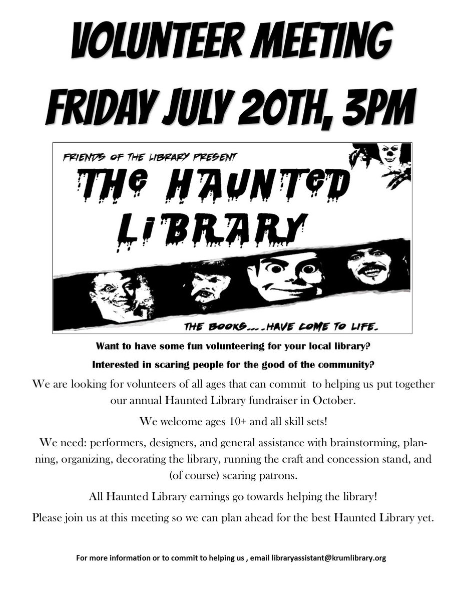KrumLibrary's tweet image. #libraryvolunteer #hauntedhouse #volunteer #volunteering #texaslibrary #krumtx #helpyourlocallibrary #libraryprogram #spookybooks #PleaseHelp
