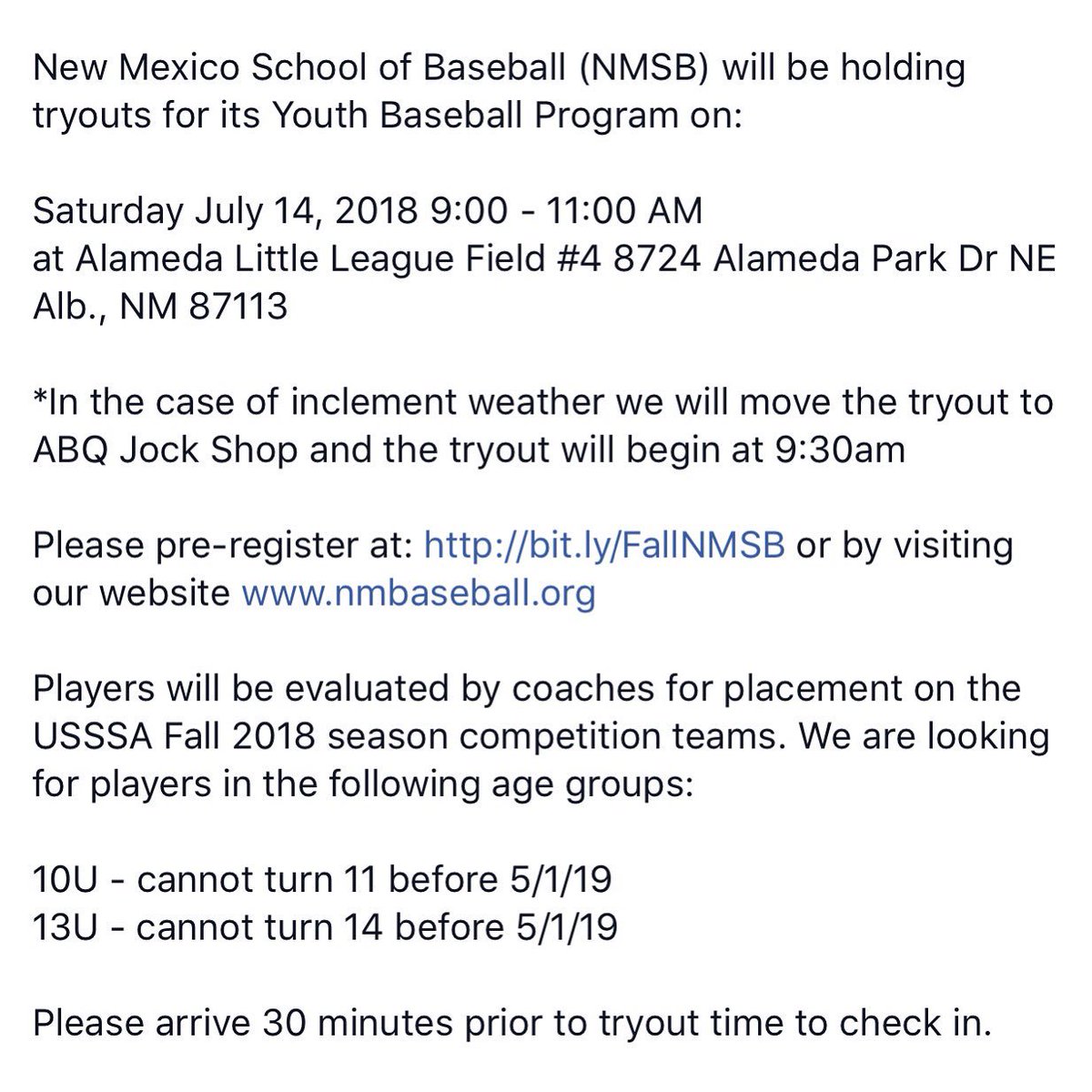 nmsbbaseballabq's tweet photo. * NMSB TRYOUTS * https://t.co/oJN4l5a9WA