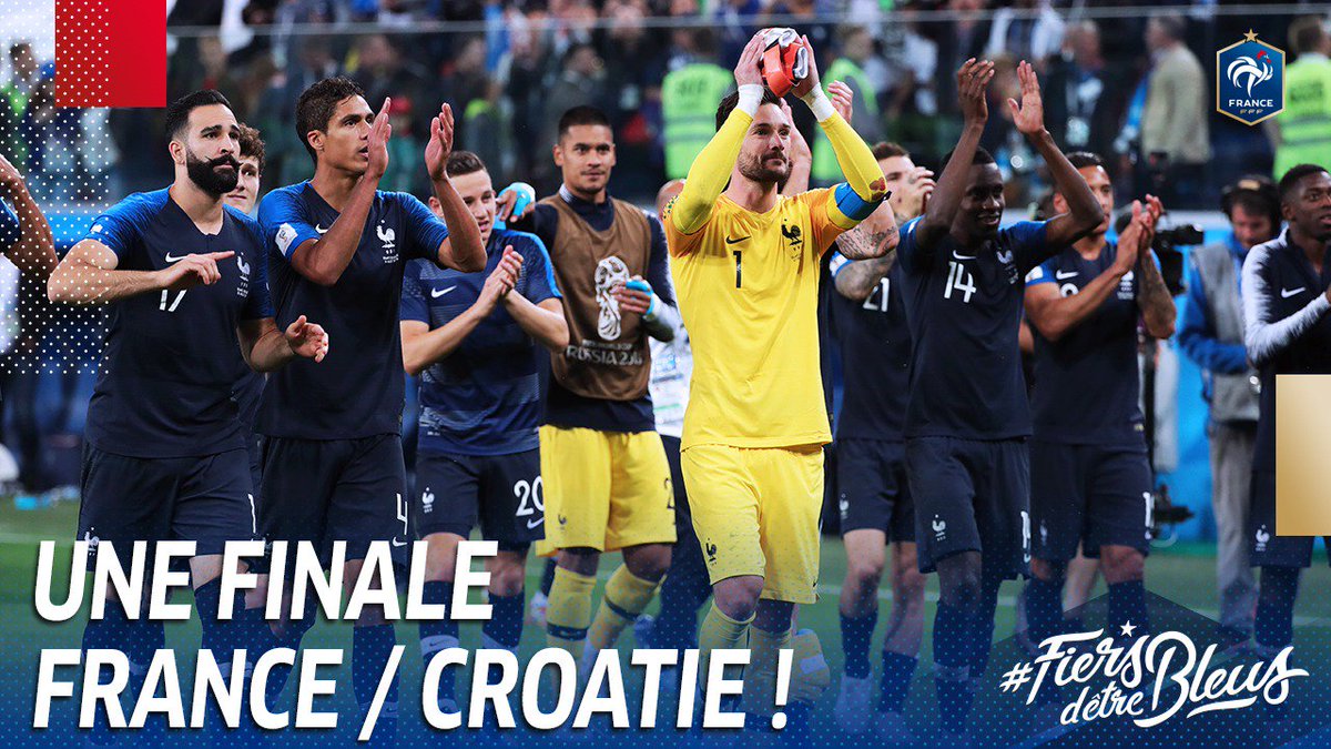 equipedefrance's tweet photo. On affrontera la Croatie dimanche à 17h00 en Finale de la Coupe du Monde !! 👊 #FiersdetreBleus #FRACRO https://t.co/QjrXepLaqe