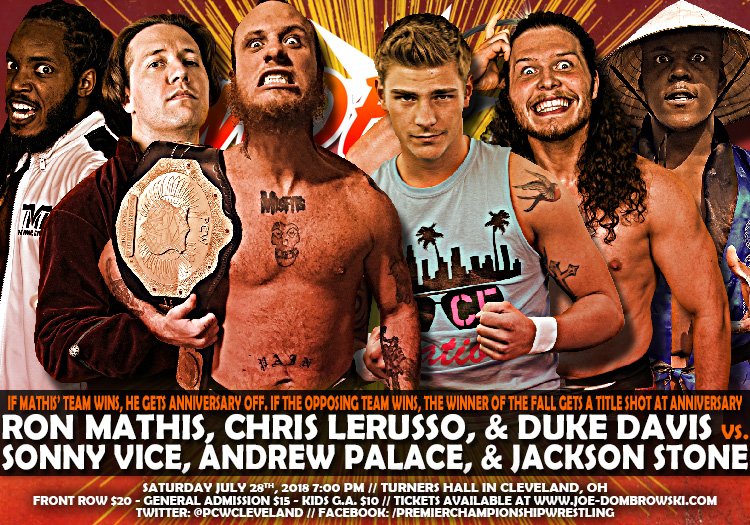 Team Mathis considers themselves 3/4 of the most dominant group in Premier history, but three victims they've screwed are ready to overthrow their kingdom! If Vice/Palace/Stone win on 7/28, whoever scores the fall is the #1 Contender! If they don't, Mathis has "Anniversary" off!