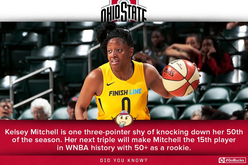 OhioStAthletics's tweet photo. Kelsey Mitchell is putting in WORK 💪 with the @IndianaFever!

@Kelz_Hoop is one trey shy of becoming the 15th player in #WNBA history with 50+ 3-pointers as a rookie.

#GoBucks https://t.co/dePegjMFid