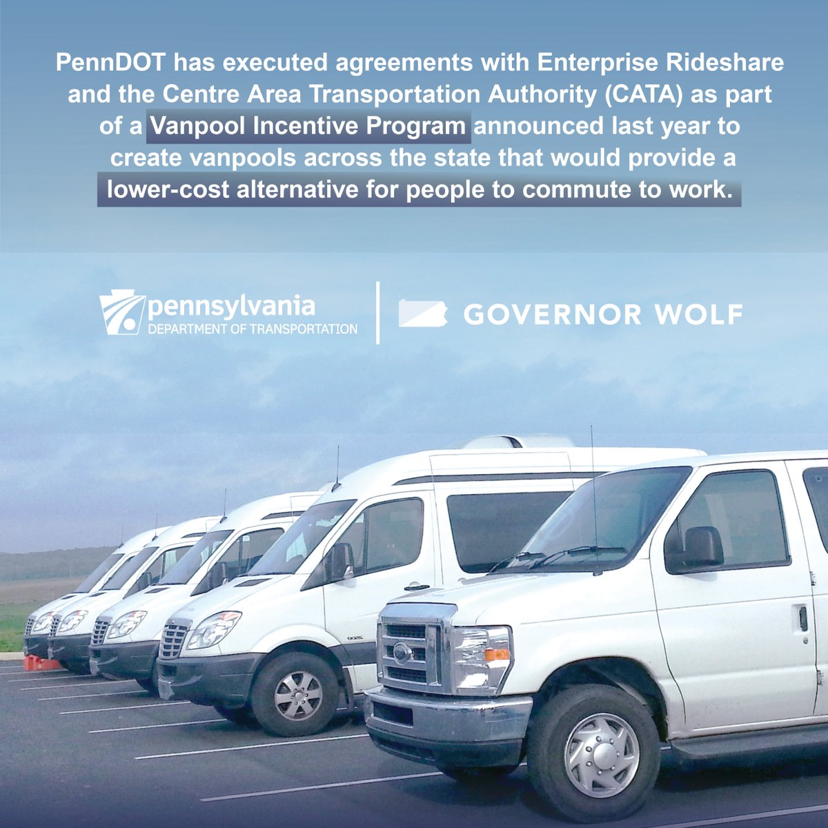 PennDOTNews's tweet photo. In support of @GovernorTomWolf initiative to help people with disabilities find employment, PennDOT has made agreements to create #vanpools that would provide a lower-cost alternative for people to commute to work. 🚐 ➡️ https://t.co/te0iW08LCv
CC: @Enterprise @CATABUS https://t.co/56VMs6CatX