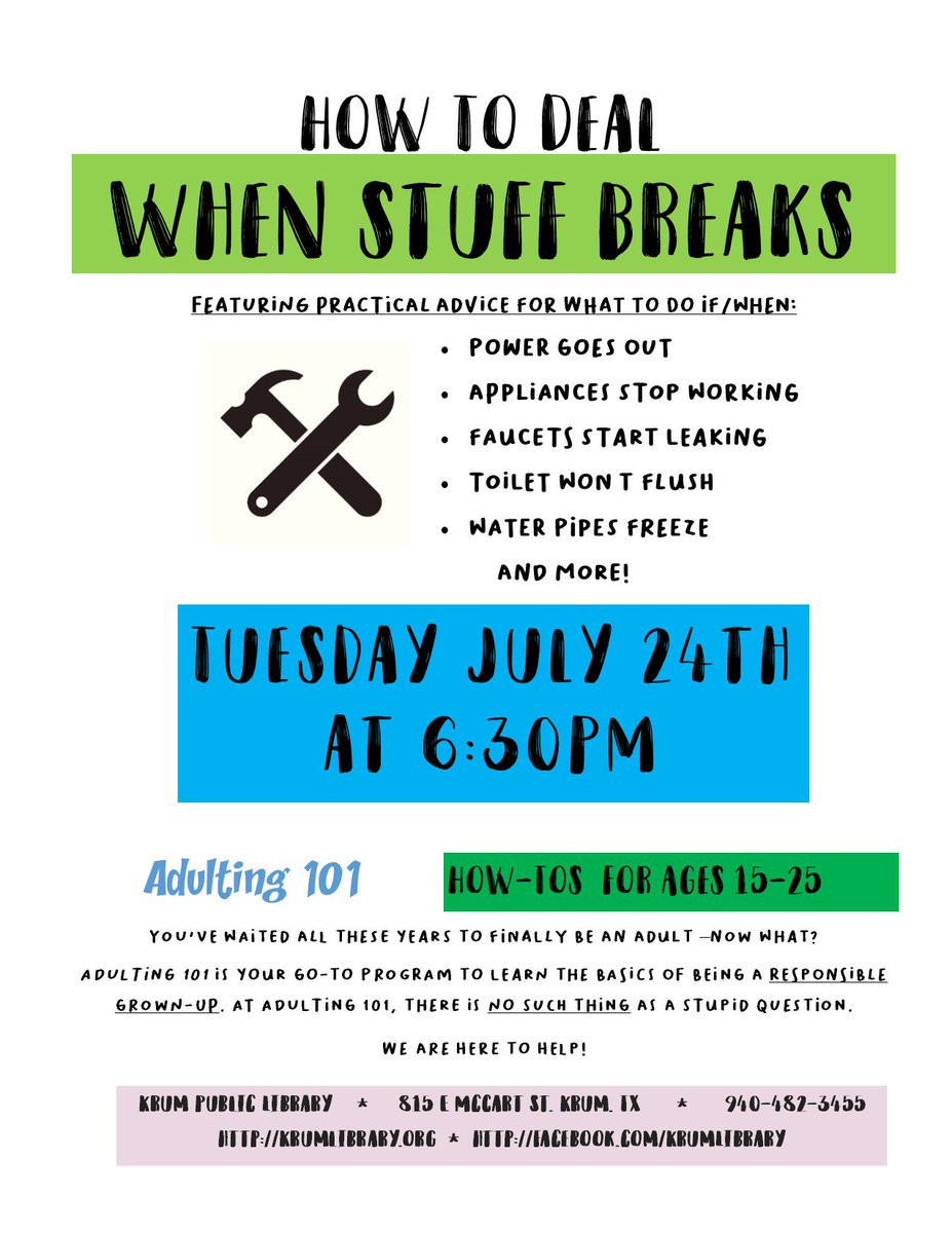KrumLibrary's tweet image. #adulting #library #free #learning #adulting101 #fixstuff #breakstuff #krumtx #krumlibrary #texaslibrary #libraryprogram #teenprogram #teenlibraryprogram