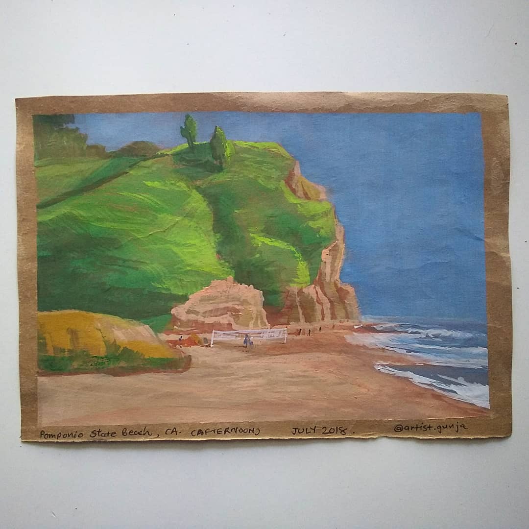 artistgunja's tweet photo. Wonderful day spent at #pomponio #beach last #weekend and I did another 2 for #worldwatercolormonth2018 the #evening #sunset &amp; #afternoon (on brown paper) let me know which one you like the most? #enpleinair #warriorpainters #nopleinnogain @warriorpainters #California #beachlife https://t.co/r4sXBLgcYP