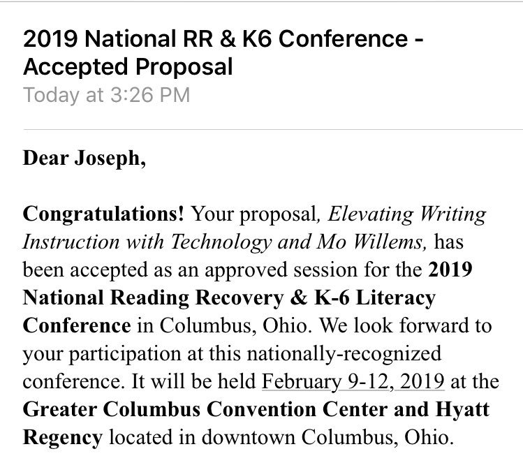 jrsteach's tweet photo. Just heard the proposal @SBeamEDUC and I wrote for the @rrcna_org conference in Feb was accepted! #excited to share about #Technology #Writing @MoWillems https://t.co/TjLiTuVAz6