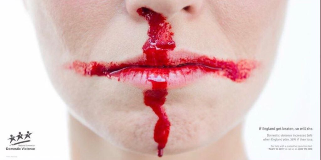 Liz__Knight's tweet photo. “If England get beaten so will she.” 

Domestic violence increases by 26% when #England play, 38% when England lose.

If you need help today you can call the UK Domestic Helpline on 0800 970 2070.

Powerful campaign by @_NCDV

#WorldCup  #ENGCRO #CROvENG #EnglandvsCroatia https://t.co/fucAYTeAbY