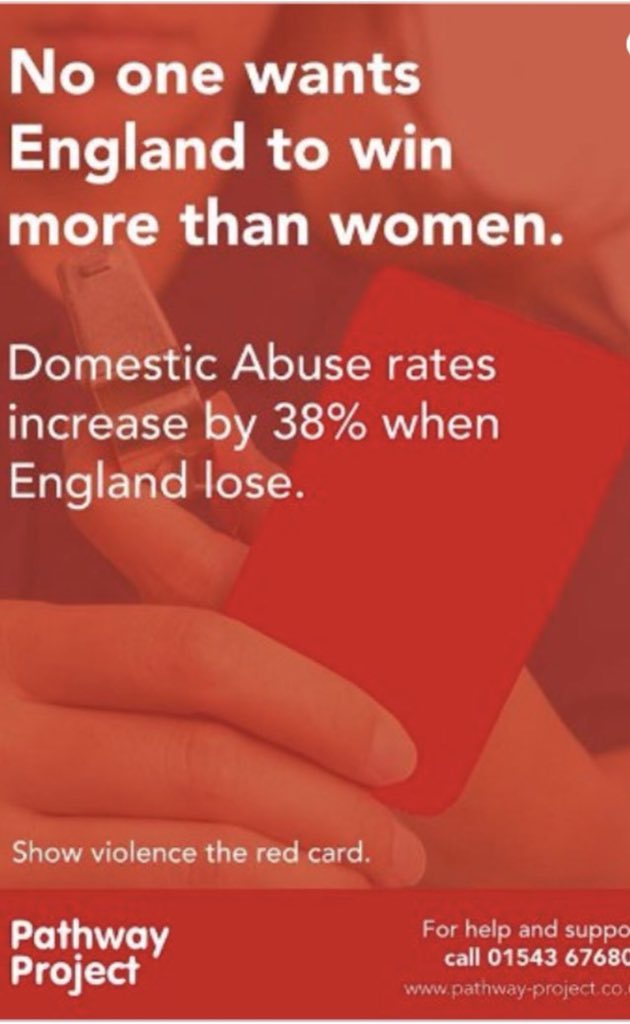 Liz__Knight's tweet photo. “If England get beaten so will she.” 

Domestic violence increases by 26% when #England play, 38% when England lose.

If you need help today you can call the UK Domestic Helpline on 0800 970 2070.

Powerful campaign by @_NCDV

#WorldCup  #ENGCRO #CROvENG #EnglandvsCroatia https://t.co/fucAYTeAbY