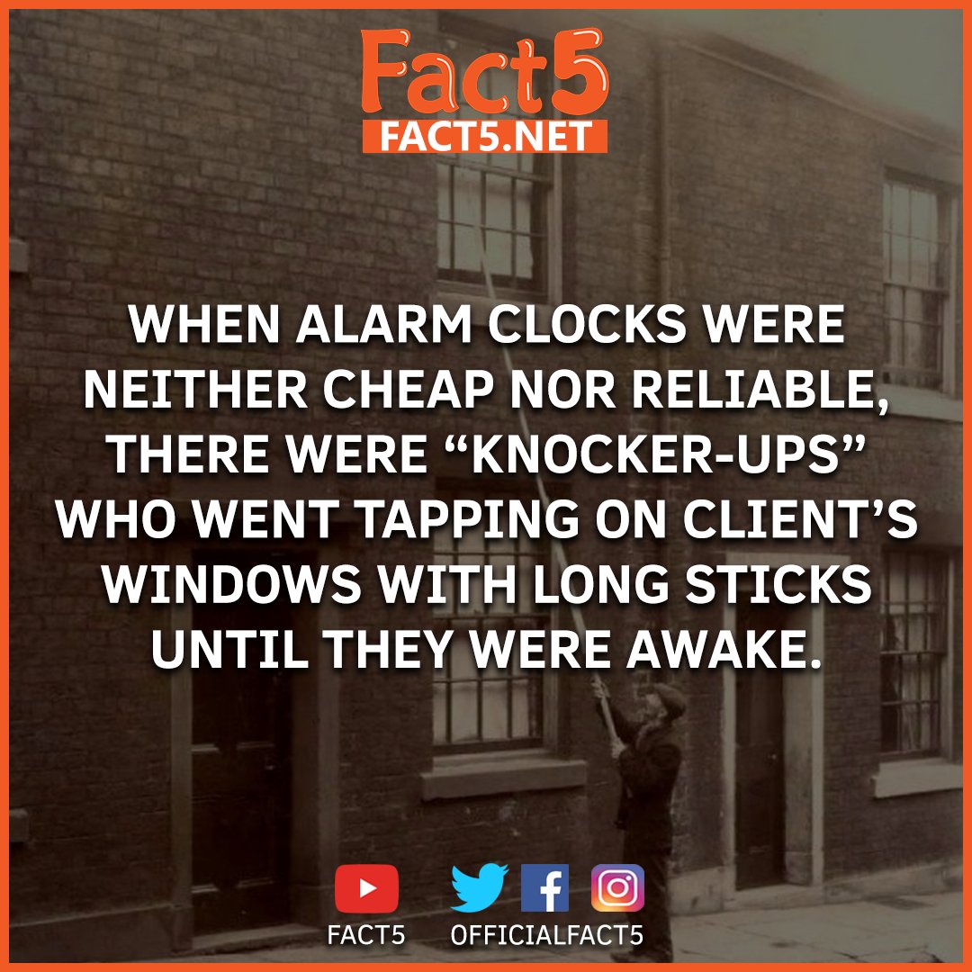 Fact5Official's tweet photo. When alarm clocks were neither cheap nor reliable, there were "knocker-ups" who went tapping on client's windows with long sticks until they were awake. #FactOfTheDay #DailyFacts #Facts #Fact #FunFacts #KnockerUp #IndustrialRevolution #Victorian #VictorianEra #Alarm #AlarmClock https://t.co/c8YxonwOTY