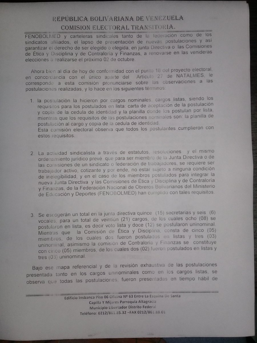 Fenobolmedweb's tweet photo. Buenas tardes camaradas, por medio de la presente cumplimos con informarles que de acuerdo al punto numero 18 del Proyecto Electoral de Fenobolmed,  esta Comisión Electoral NO TIENE OBSERVACIONES EN CONTRA DE LAS POSTULACIONES PRESENTADAS. https://t.co/lKhoSCrDZN
