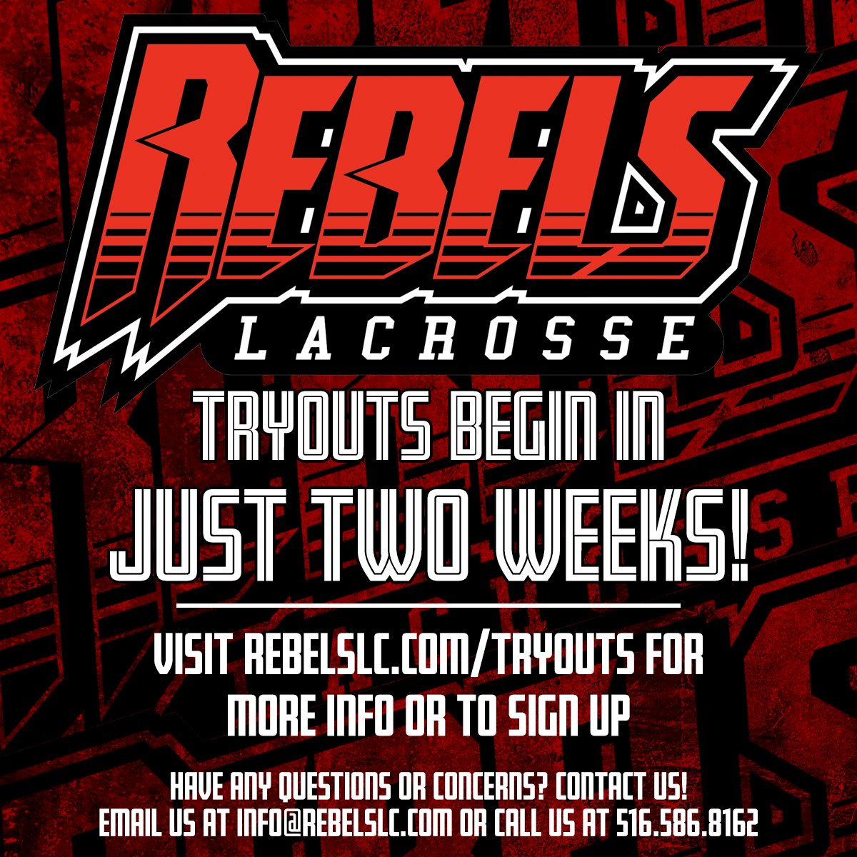 Rebels Lacrosse Club tryouts begin just two weeks from today! Visit rebelslc.com for more information or to sign up for tryouts! Go to rebelslc.com/teams to see each team's schedule and announced staff!