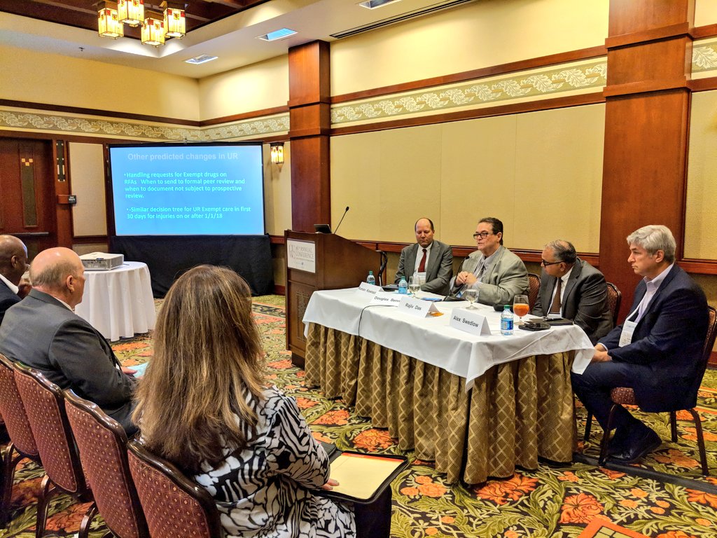 EKHealth's tweet photo. Our Chief Medical Officer, Dr. Doug Benner and his panel colleagues discussing the impact and progress SB1160 has had on California workers comp.
Standing room only!
#workerscomp #SB1160 #drugformulary #MTUS #CCWC2018 #LearnNetworkRepeat https://t.co/GT8ntF278c