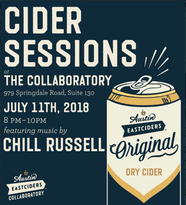musicaustin's tweet photo. Come out to  @Eastciders for #CiderSessions TONIGHT ft. a #FREE performance from @TheChillRussell ! #MusicATX

Time: 8 PM https://t.co/ktH8IhSaJP