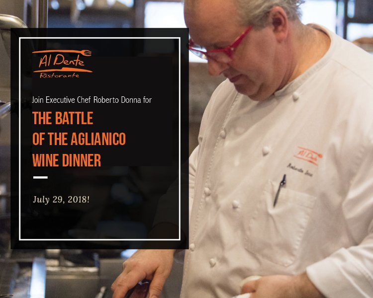JULY WINE DINNER :: JULY 29th at 6 PM - Chef Roberto Donna will transport you to Southern #Italy with #Aglianico-based #wines and food from both #Basilicata + #Campania. #ChefRobertoDonna #AlDenteDC <a href="/BEBONE61/">juki17@</a> 
Reservations? Call 202-244-2223 or go to ow.ly/ya8M30kFJRj