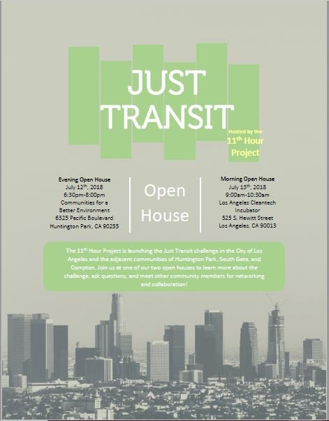 CBECal's tweet photo. Tomorrow! Join us in our South East LA office for an Open House hosted by the  @11thhourproject ! Learn about #JustTransit and clean energy. There will be food and even a contest! 6:30pm-8pm https://t.co/ynFTrmPZGb