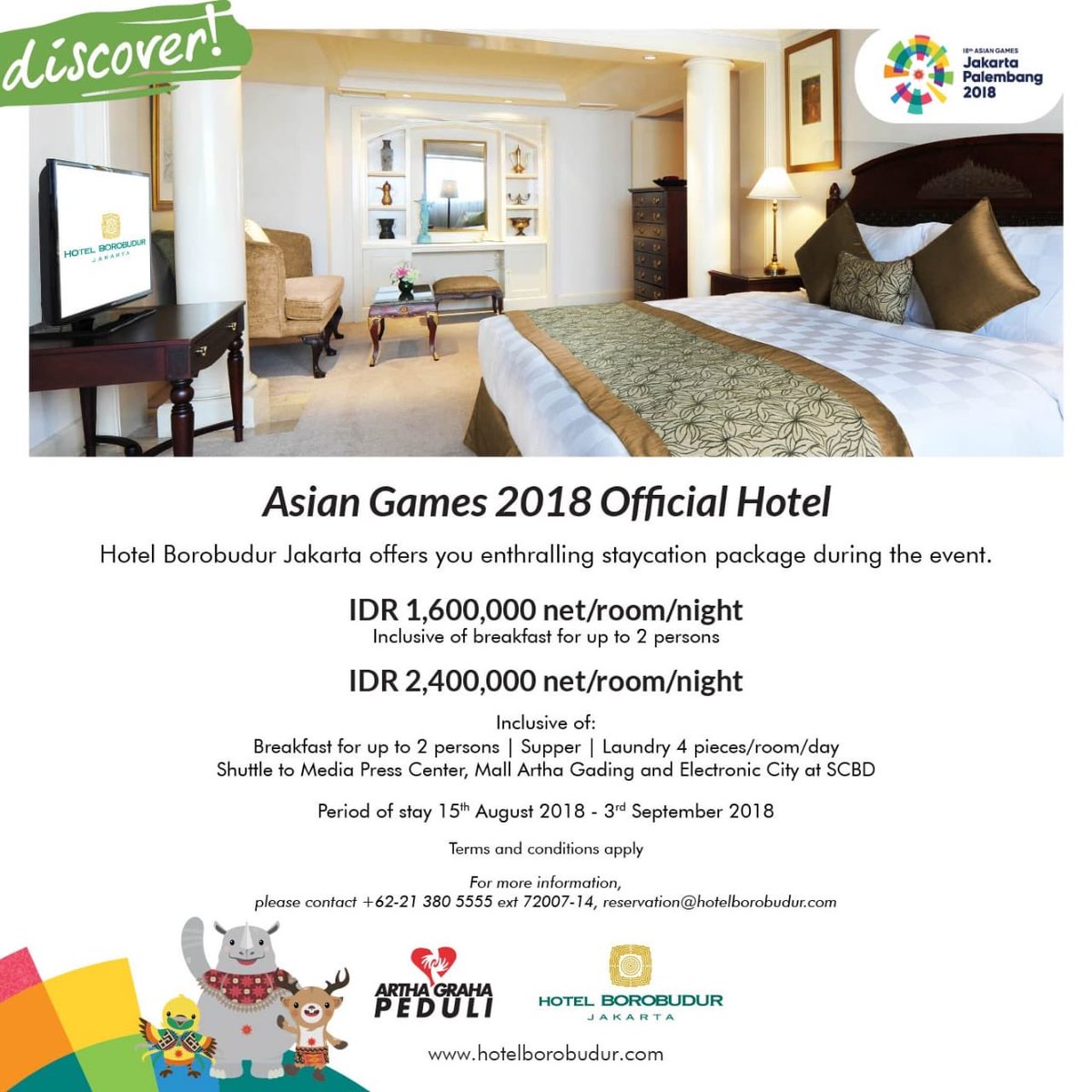 Diniharia's tweet photo. Info &amp; Rsv:
☎ (+62-21) 380 5555, 383 5000 ext. 74007-014
Visit https://t.co/nnKLVcKRKu for best available room rate and special promotions #HotelBorobudurJakarta #DiscoveryHotelResorts#AsianGames2018#IndonesiaforAsianGames#agpeduli #agpengamanan @tamblingwildlife @inasgoc2018 https://t.co/Ac0clsfpQi
