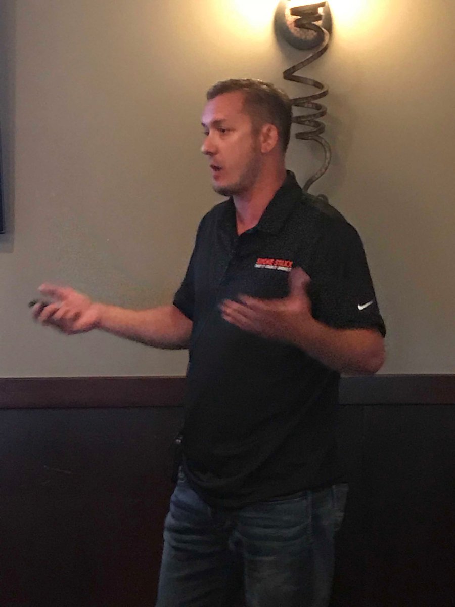 Participants at Canton’s SunDown RunDown business pitch night at Papa Bear’s Pizza Oven at Belden Village heard from Brian Halasinski of Smokestaxx. He and his partner Kirk Hyust are making cast aluminum cooking pans for grills and smokers.  ⁦<a href="/SDRDorg/">SunDownGroup</a>⁩