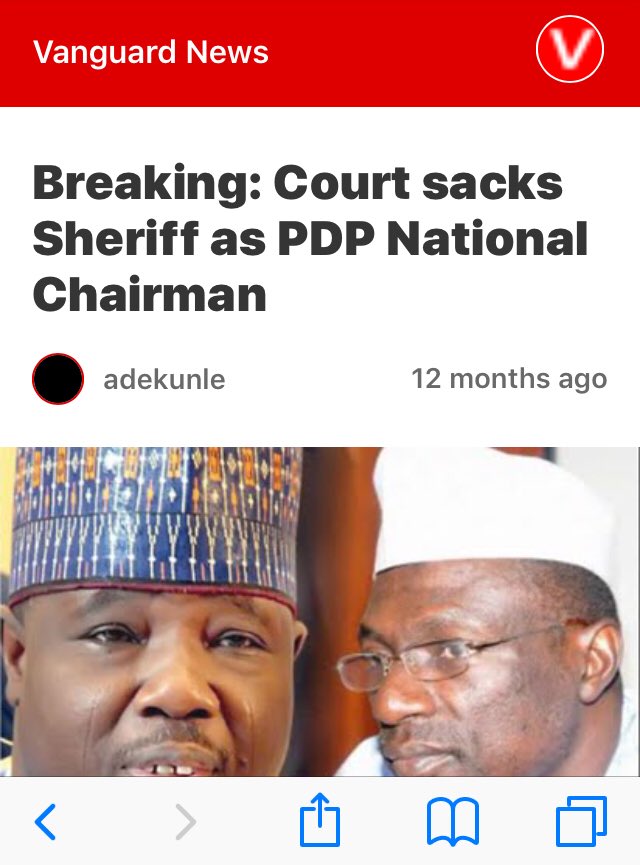 Hurray! It’s one year today, July 12, 2018, that the Supreme Court of Nigeria sacked the <a href="/APCNigeria/">APC 🇳🇬 Support</a> lackey in <a href="/OfficialPDPNig/">Official PDP Nigeria</a>, Senator Ali Modu Sheriff. The Anniversary will be celebrated today with a Thanksgiving Service, holding at the PDP HQ, Abuja. Time : 11:00Am.