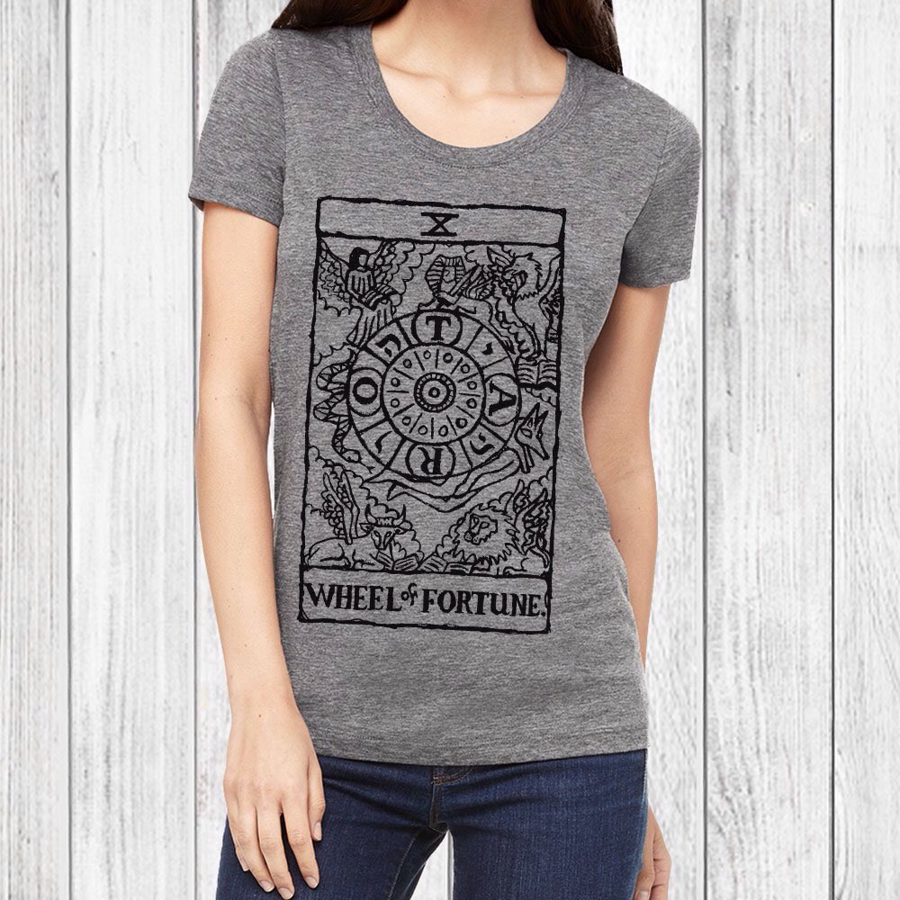 MadMoonClothing's tweet photo. Tarot card reading anyone?  🔮 Wheel of Fortune Tarot card graphic tee.  $20 🍄 #tarotcards #tarotcardtshirt #womenstees https://t.co/9Bvz4NN6nv https://t.co/lECjpE7sQF