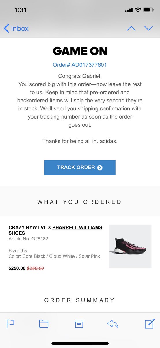 GabrielEscobar7's tweet photo. @adidasoriginals so i pre ofer the PharrellXBYW Black size 9.5 on Tuesday and i received the confirmation email and now 48 hours later your guys emailed me saying i dont have the shoes and that my order was cancel due an error in your system #AreyouSerious? https://t.co/Nv27uvaLeo