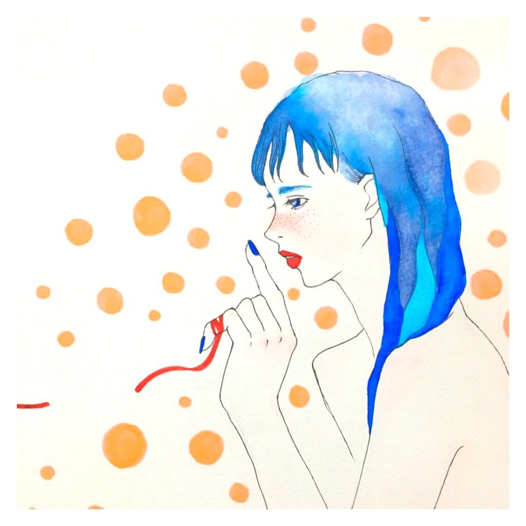 Nam Iy 泡 Art Illust Artwork アート イラスト 絵 女の子 失恋 赤い糸 赤リップ 青ネイル 横顔