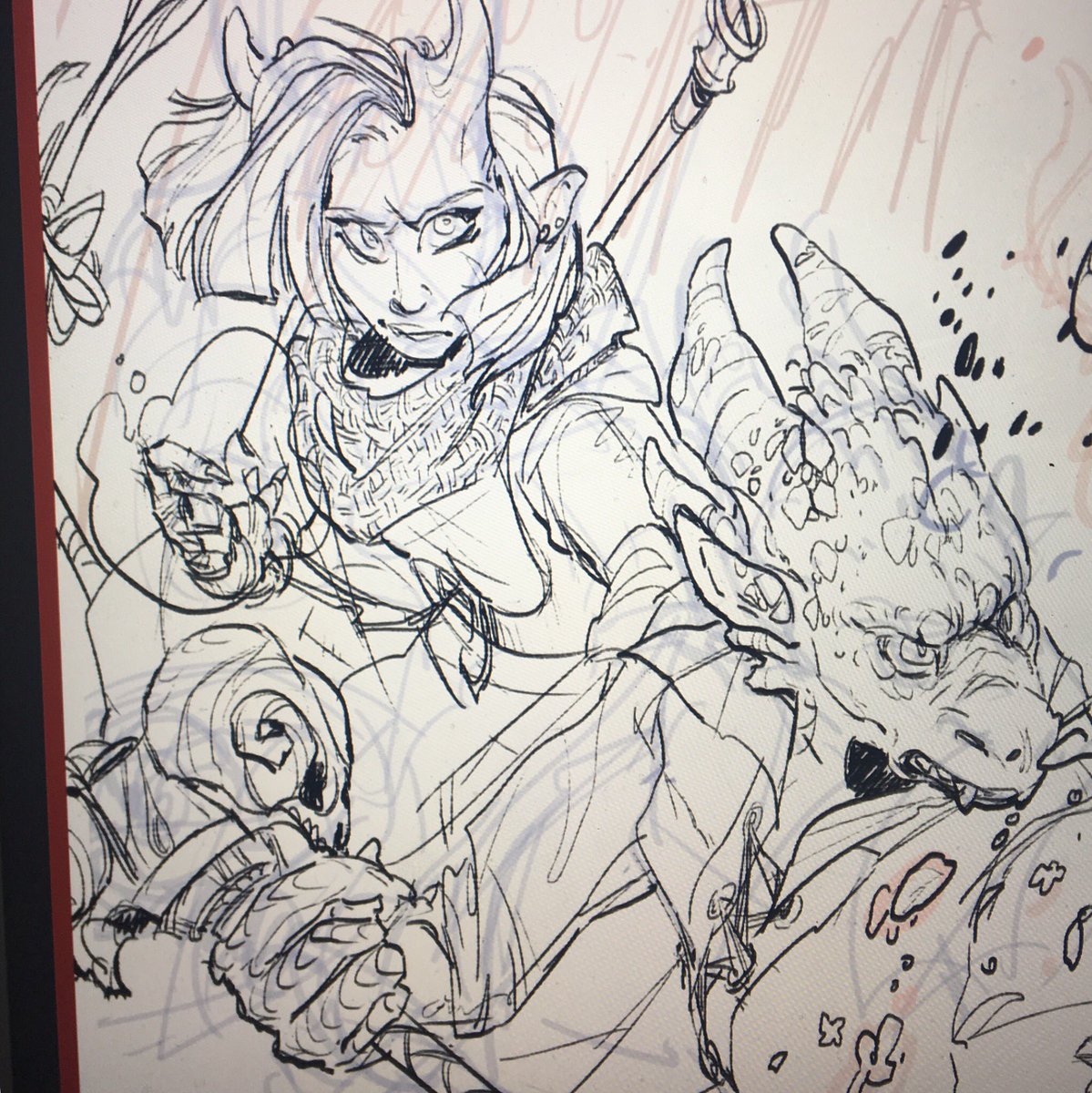 wip!! me, making a crazy dynamic composition with my players in their first fight of our campaign and going overboard: and so i freaked it