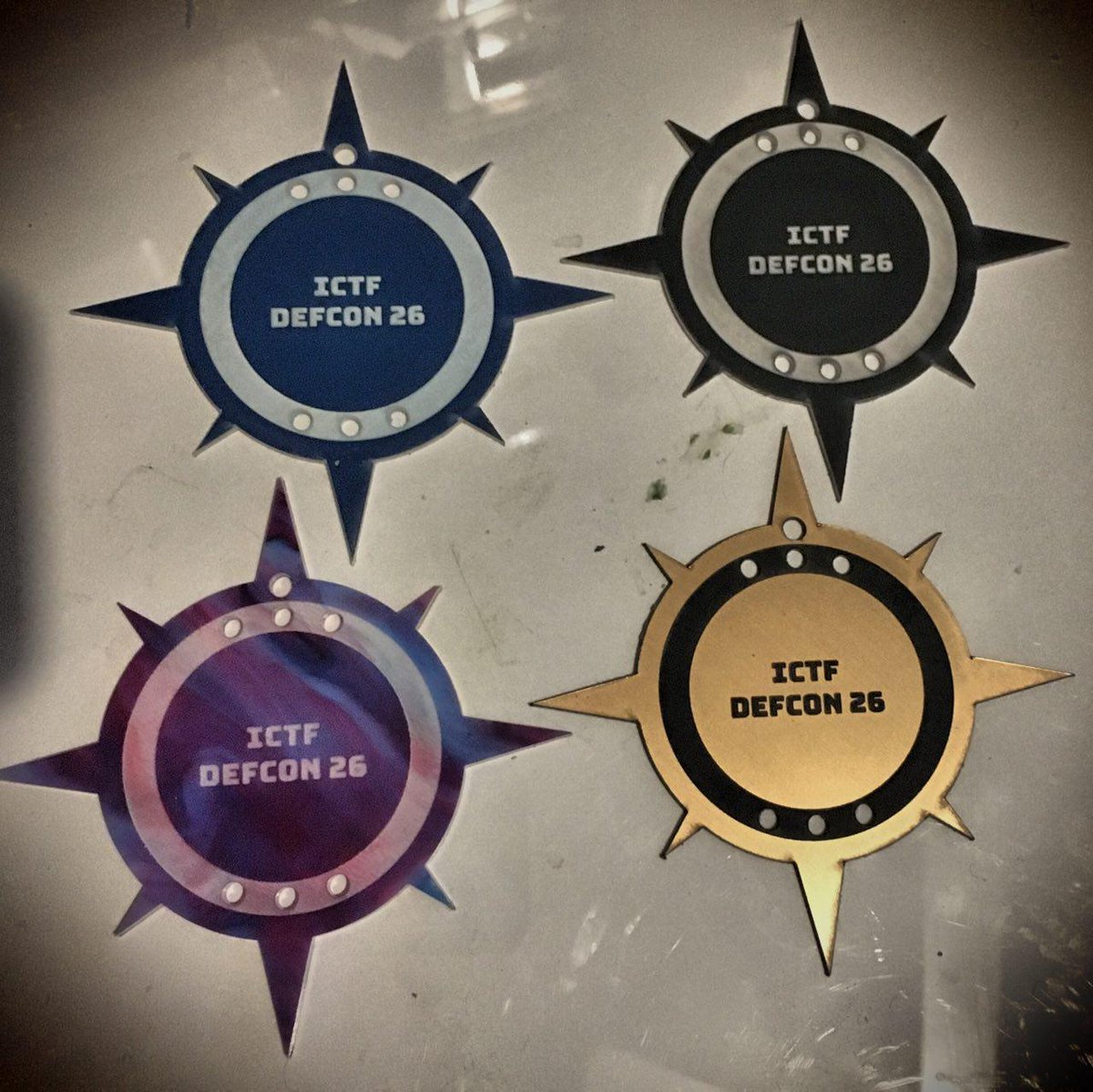 _iCTF's tweet photo. They're finally here!

Thanks to @Ponoko for helping bring our #Defcon 26 Social Badge to life! Get to stage 3 and you win your pass to the iCTF social event! Beat the #HUMINT portion of this years challenge and you'll win a #CircuitPlayground that fits on top of it!!

#badgelife https://t.co/qPY6wh6izp