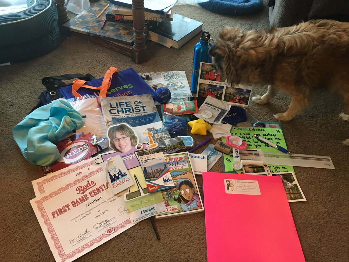 Wow! Look at all the SWAG #FlatBarb got from #NCEA18 Thanks to the team st @SMIPSchool for picking it all up for me! @SMIPS_CampMin @jene527 @SMIPTech I can’t wait for #NCEA19 in Chicago. @NCEATALK my dog, Izzy, was checking it all out.