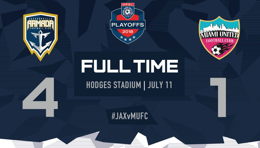 JaxArmadaFC's tweet photo. A match to go down in history! The Armada FC are continuing on to the 2018 NPSL Sunshine Conference finals after a 4-1 win over @miamiunitedfc! ⚓️

The final match is scheduled at 7 p.m. on Saturday, July 14 at St. Thomas University in Miami! 

#FortheFleet #JAXvMUFC https://t.co/YAfwUH7KTe