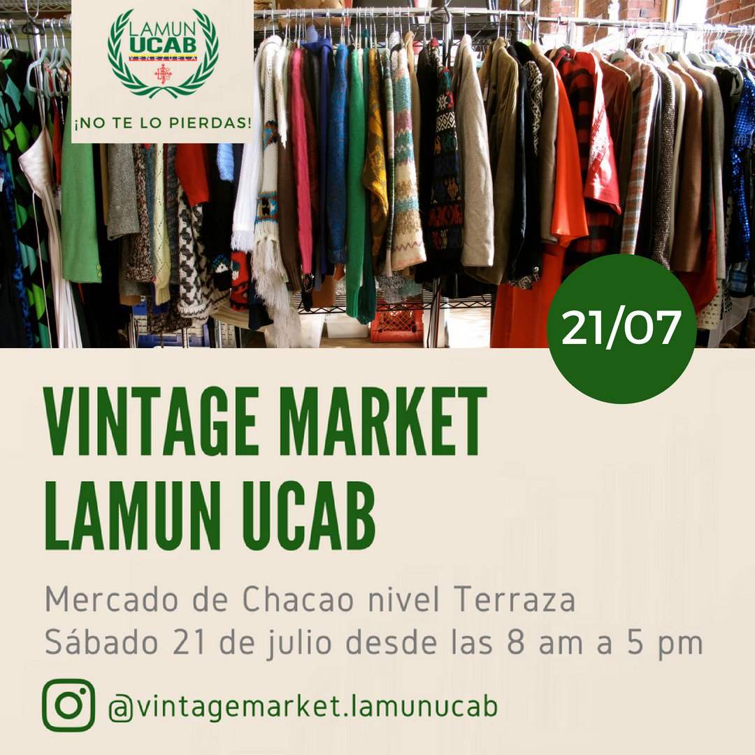 Acompáñanos el sábado 21 de julio desde las 8:00 a.m. hasta las 5:00 p.m. en el Nivel Terraza del Mercado Municipal de Chacao para la tercera edición del Vintage Market a beneficio de la delegación LAMUN UCAB 2019.
Podrás conseguir ropa, zapatos y accesorios a los mejores precios