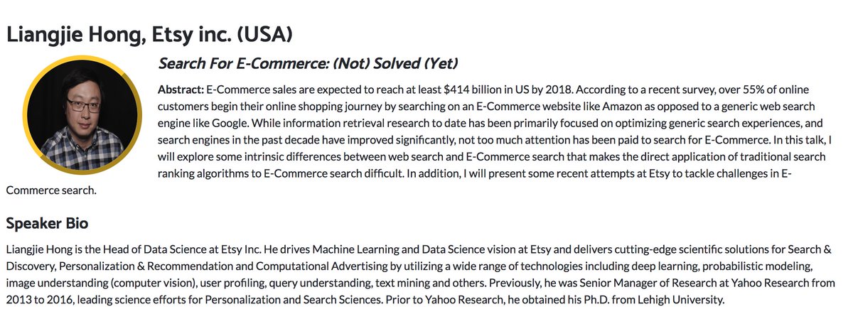 SIGIReCom (@sigirecom) on Twitter photo The second SIGIR workshop in ecommerce workshop will be held in Koessler (3rd floor michigan league) tomorrow. Liangjie Hong(<a href="/hongliangjie/">Liangjie Hong</a>), head of data science, Etsy inc. , will keynote at 9 am. - "Search For E-Commerce: (Not) Solved (Yet)" <a href="/sigir2018/">ACM SIGIR 2018</a> #sigir2018 #sigirecom The second SIGIR workshop in ecommerce workshop will be held in Koessler (3rd floor michigan league) tomorrow. Liangjie Hong(<a href="/hongliangjie/">Liangjie Hong</a>), head of data science, Etsy inc. , will keynote at 9 am. - "Search For E-Commerce: (Not) Solved (Yet)" <a href="/sigir2018/">ACM SIGIR 2018</a> #sigir2018 #sigirecom
